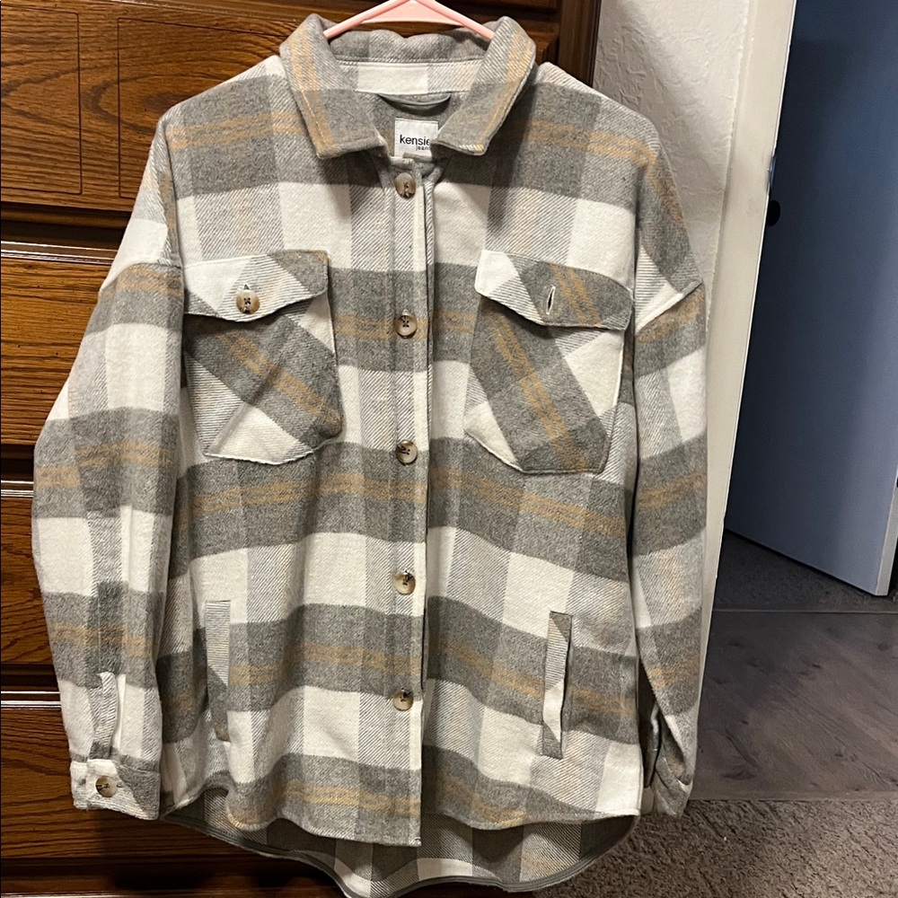 Kensie Women's Plaid Utility Jacket - Gray and Tan